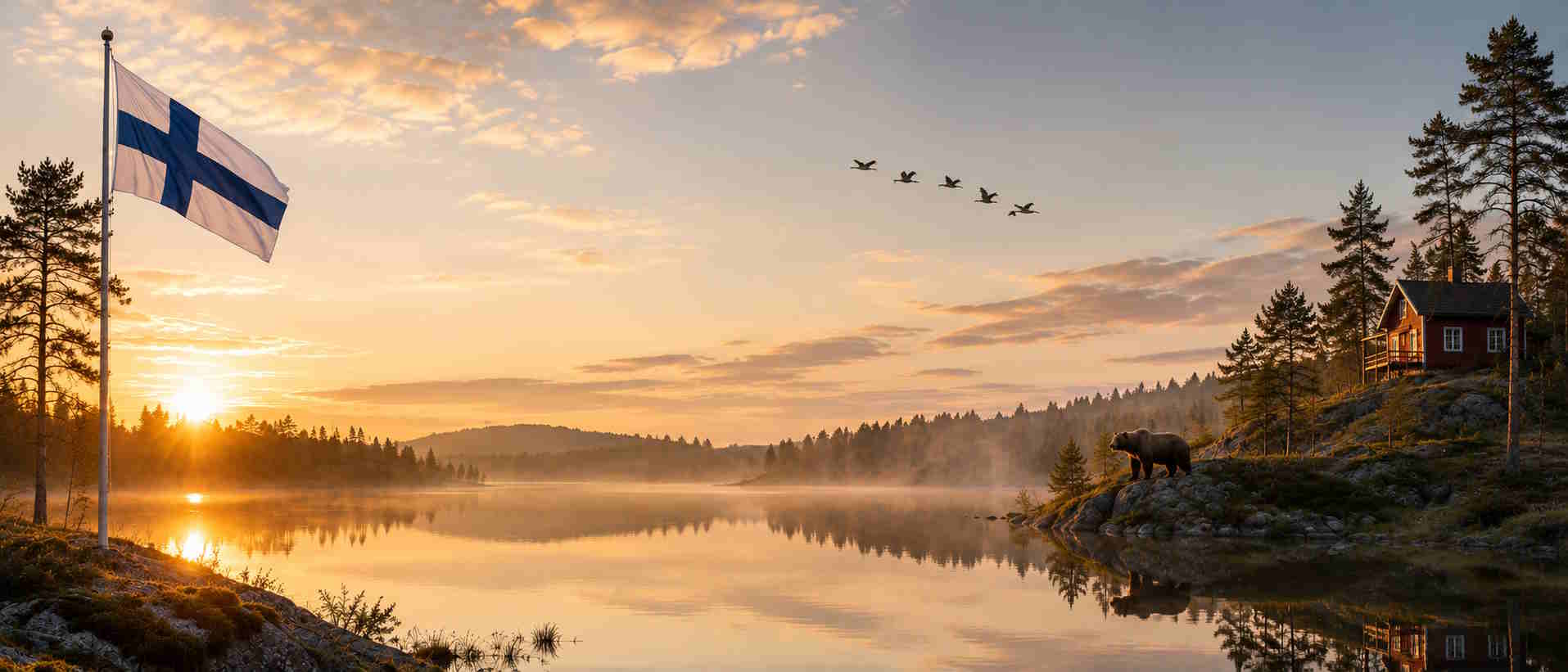 Rotes Ferienhaus in Finnland direkt am See bei Sonnenaufgang, mit Elch am Ufer und finnischer Flagge